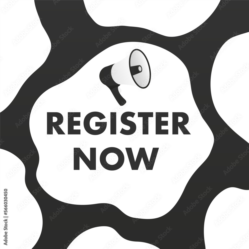 Poster register now chat bubble with hand cursor. registration button with click here finger icon. internet