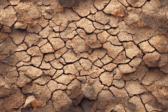 Seamless dry barren cracked dirt or mud background texture. Tileable dried broken brown desert soil with cracks pattern. Global warming, drought or earth day concept wallpaper backdrop. 3D rendering