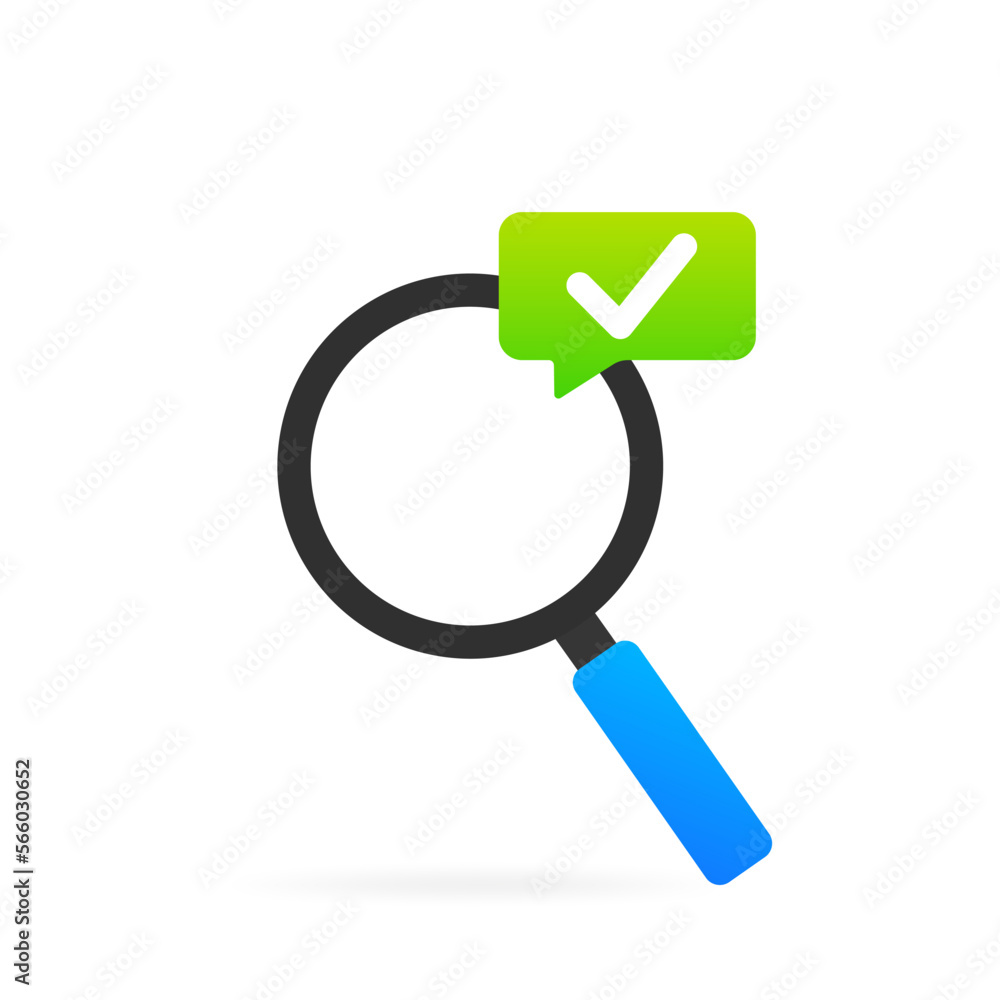 Poster magnifying glass with check marks set. green and red backgrounds with trendy long shadow design. mag
