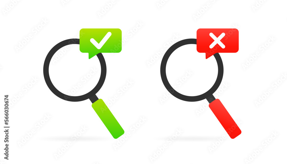 Poster magnifying glass with check marks set. green and red backgrounds with trendy long shadow design. mag