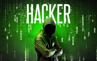 Faceless hacker with inscription concept