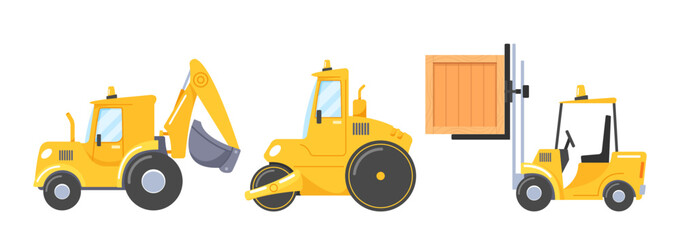 Heavy Transport for Construction and Building. Backhoe Loader, Roller and Forklift Truck Isolated on White Background