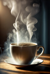 a steaming hot cup of coffee on a desk at a modern coffeshop. generative ai.