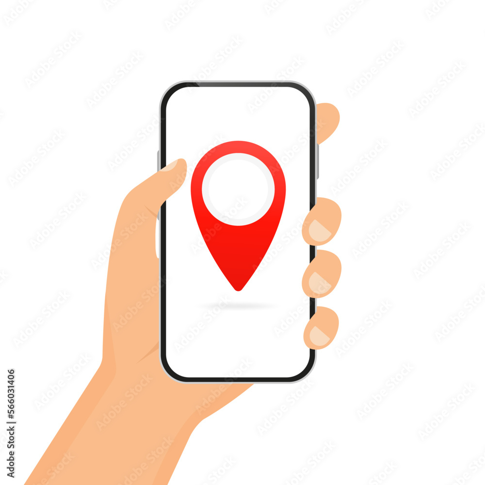 Poster a hand holds a smartphone. gps navigation on a smartphone. track location. concept of mobile navigat
