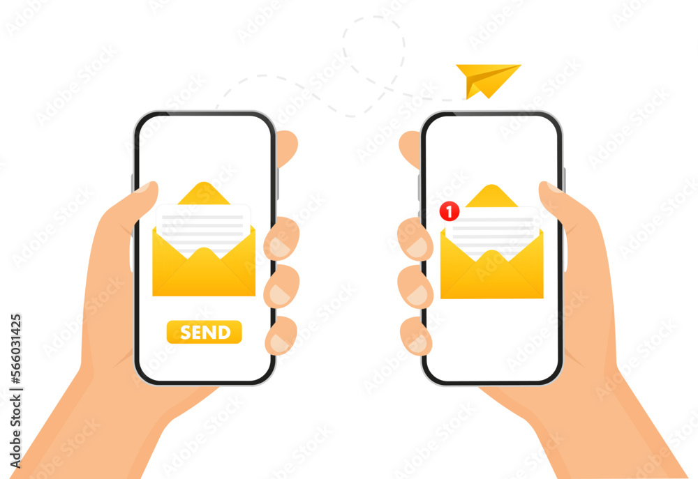 Poster hand holding a smartphone. concept of mobile correspondence. sending flat mail. modern simple flat d