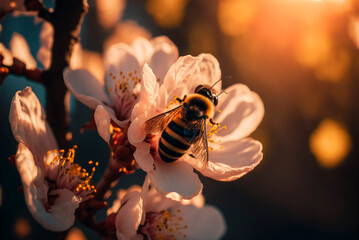 Fototapeta Golden Hour Cherry Blossom with Busy Bee obraz