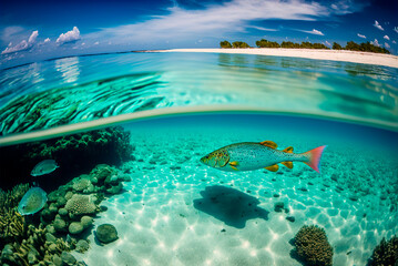 Fototapeta na wymiar Paradise Maldives Beach with Blue Sky and Swimming Fish