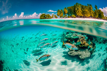 Paradise Maldives Beach with Blue Sky and Swimming Fish