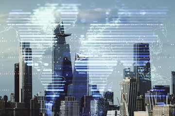 Abstract creative world map interface on New York city skyline background, international trading concept. Multiexposure