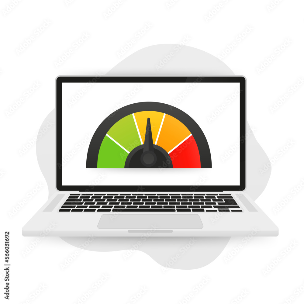 Poster scale of the speed test is shown on the screen of the laptop monitor. high speed performances comput