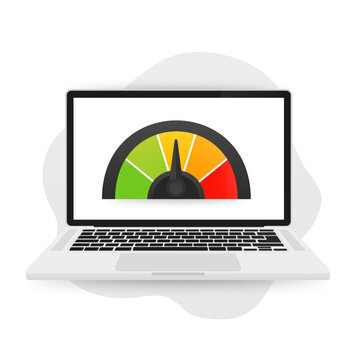 Scale of the speed test is shown on the screen of the laptop monitor. High speed performances computer online, Laptop with speed test on the screen. Vector illustration