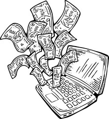 Money cash flying into and out of wallet. Income transfer, currency revenue, inflation and deflation, finance and business theme. Hand drawing illustration. Cartoon style line drawing.