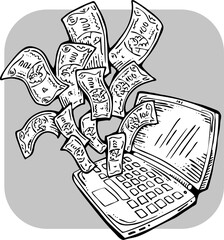 Money cash flying into and out of wallet. Income transfer, currency revenue, inflation and deflation, finance and business theme. Hand drawing illustration. Cartoon style line drawing.