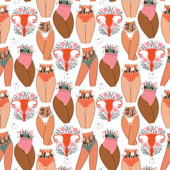Female hips with panties menstrual organ patternFemale hips with panties menstrual organ pattern. Women menstrual period. Body Positive. Hand Drawn vector background