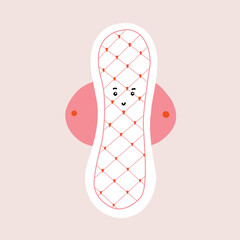 Funny menstrual pad character. Feminine intimate hygiene cartoon products. Hand drawn vector mascot kawaii illustration