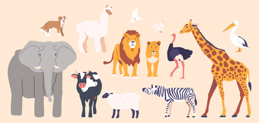 Obraz na płótnie Canvas Set of Domestic and Wild Animals Isolated Icons. Elephant and Dog, Alpaca, Pigeons, Lion, Cow and Sheep, Crane, Zebra