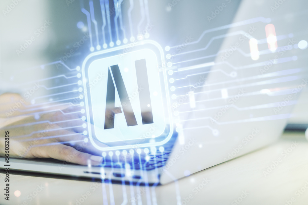 Poster double exposure of creative artificial intelligence icon with hands typing on laptop on background. 