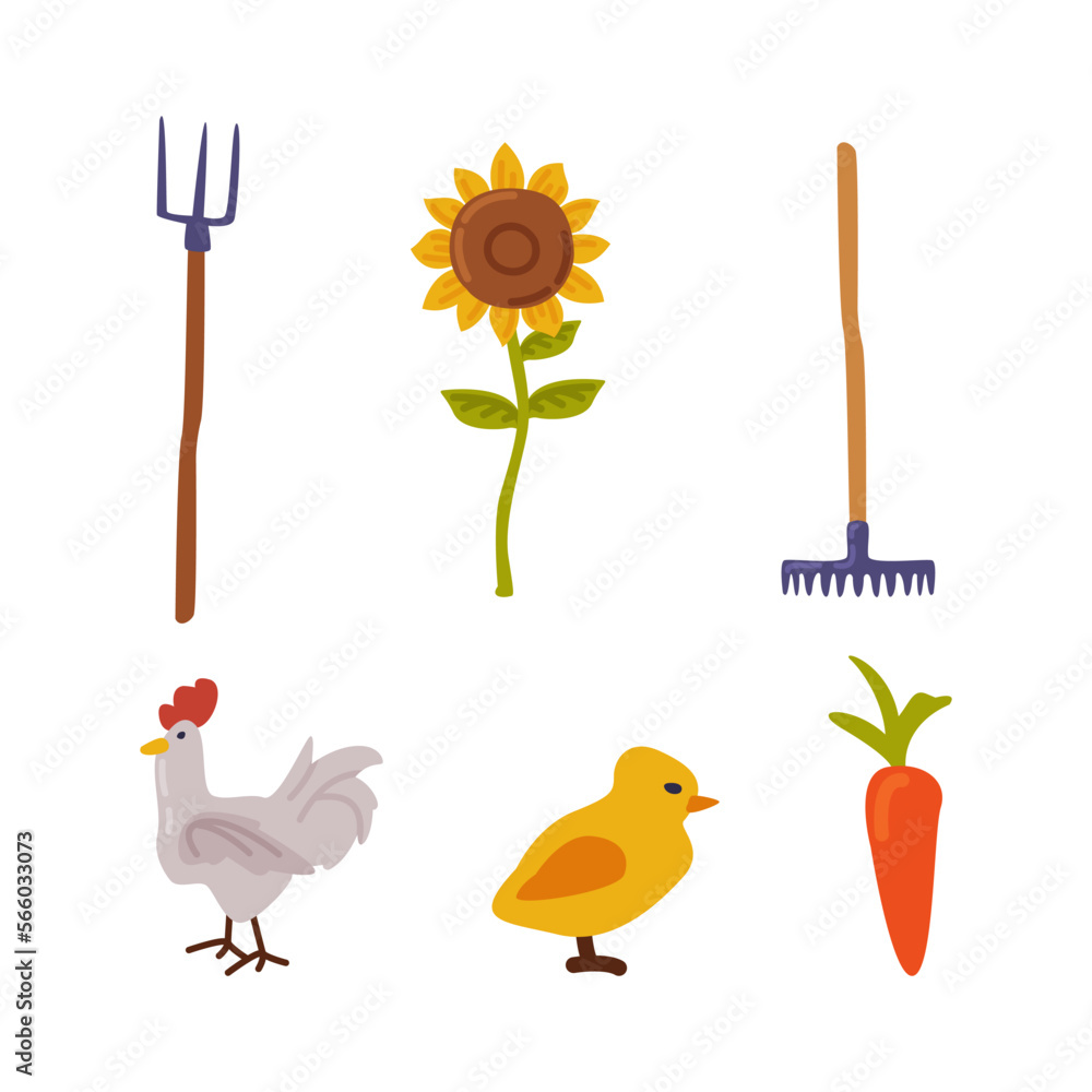 Wall mural Farming and Agriculture with Pitchfork, Sunflower, Rake, Hen, Chick and Carrot Vector Set