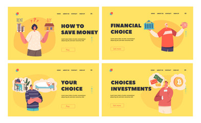 Financial Literacy Landing Page Template Set. Young People Characters Make Difficult Financial Choices. Pros and Cons