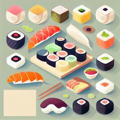 Bright & Cute Sushi Illustration Set - Iconic Japanese Food in Soft Watercolor