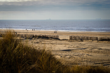 Fototapeta na wymiar People enjoy sunny winter day on the Katwijk beach 