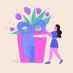 Happy Women's day card. Girl opens a huge gift box. Bouquet of flowers. Surprise for woman on a holiday. Cheerful character opening present. Valentine's day. 8 march