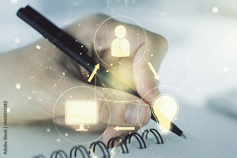 Poster double exposure of social network icons concept with man hand writing in notebook on background. mar