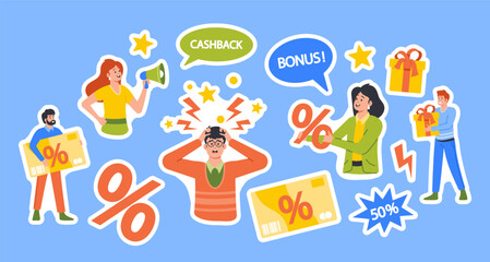 Fototapeta premium Set of Stickers Male Buyer Surrounded by Intrusive Advertising of Promotional Products. People Offer Discounts