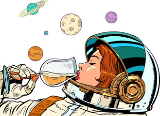 Astronaut woman drinks a glass of wine. Alcoholic party, new year holiday - 566034810
