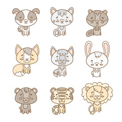 Set of vector animals. Cute smiley dog, cat, wolf, hare, fox, beaver, tiger, lion, bear. Cute animal faces. Hand drawn icon characters. Vector illustration.