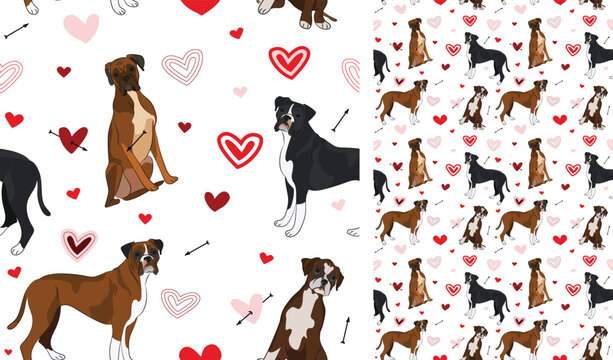 Boxer dog Valentine's day heart wallpaper. Love doodles creative hearts with pets holiday texture. square background, repeatable pattern. St Valentine's day wallpaper, valentine present, print tiles.