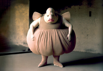 Big monster with fat fish shape wearing a brown dancer dress on a dark room. Character for a tale. Generative AI - obrazy, fototapety, plakaty