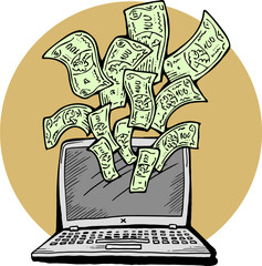 Money cash flying into and out of wallet. Income transfer, currency revenue, inflation and deflation, finance and business theme. Hand drawing illustration. Cartoon style line drawing.