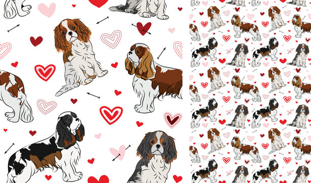 Cavalier king charles spaniel dog Valentine's day heart wallpaper. Love doodles hearts with pets holiday texture. square background, repeatable pattern. St Valentine's day wallpaper, valentine present