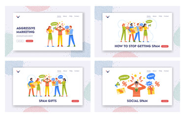 Obraz na płótnie Canvas Stop Social Spam Landing Page Template Set. Seller Characters Offer Promotional Products Media Concept