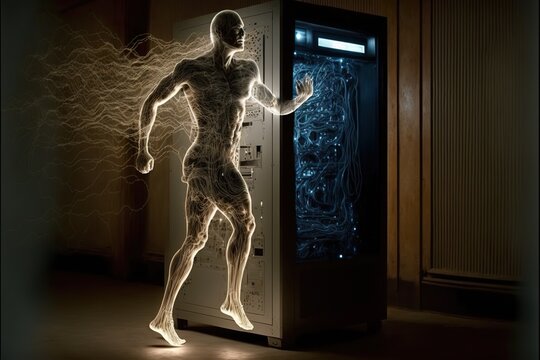 Human soul entering computer server, concept of Digital Transformation and Data Migration, created with Generative AI technology
