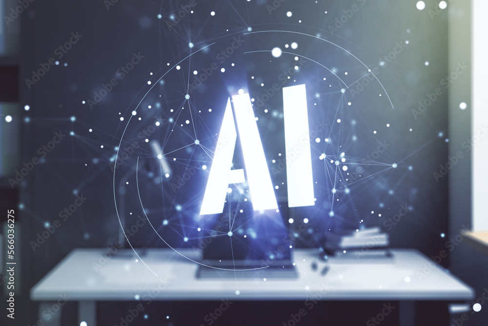 Poster creative artificial intelligence symbol concept and modern desktop with computer on background. mult