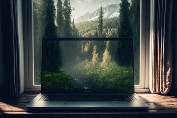 Laptop in front of a window with a view of a forest, concept of remote work, Natural Light and Woodland Scene, created with Generative AI technology