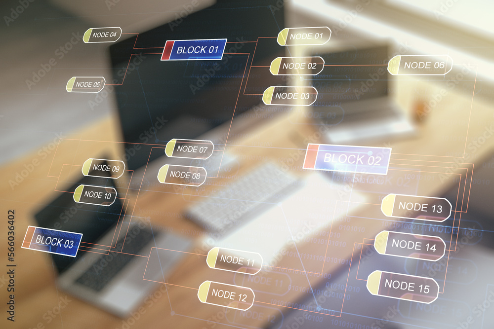 Poster double exposure of abstract programming language and modern desktop with laptop on background, resea