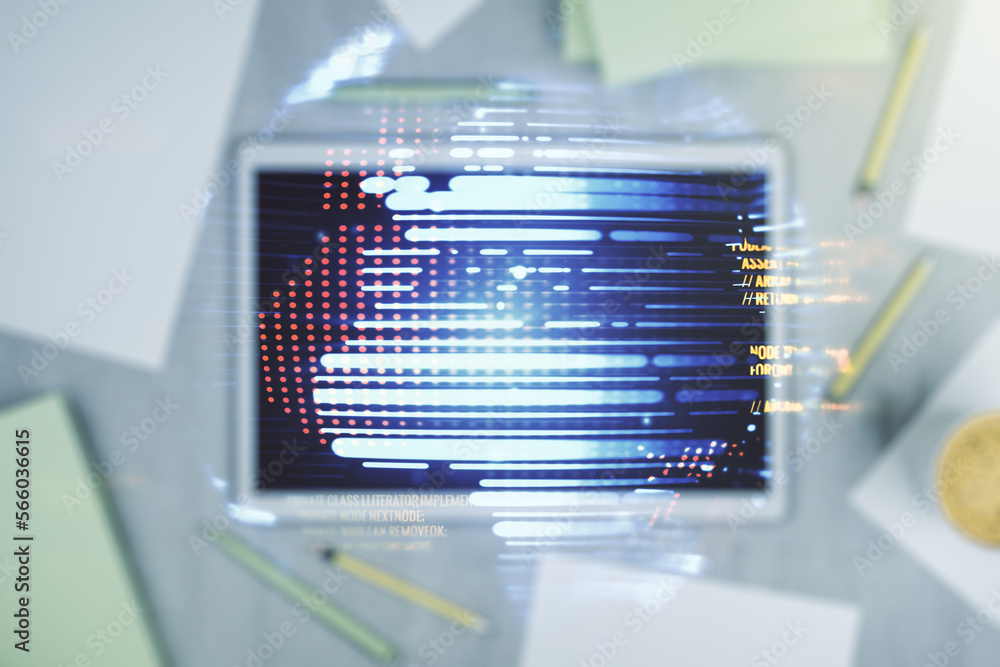 Poster multi exposure of abstract programming language hologram with world map and modern digital tablet on