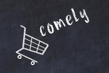 Chalk drawing of shopping cart and word comely on black chalboard. Concept of globalization and mass consuming