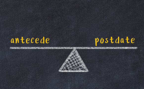 Concept of balance between antecede and postdate. Chalk scales and words on it
