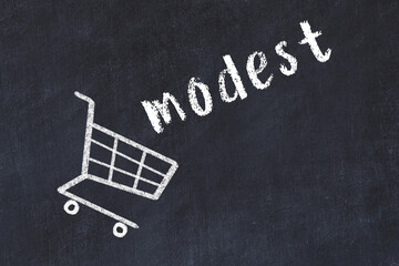 Chalk drawing of shopping cart and word modest on black chalboard. Concept of globalization and...