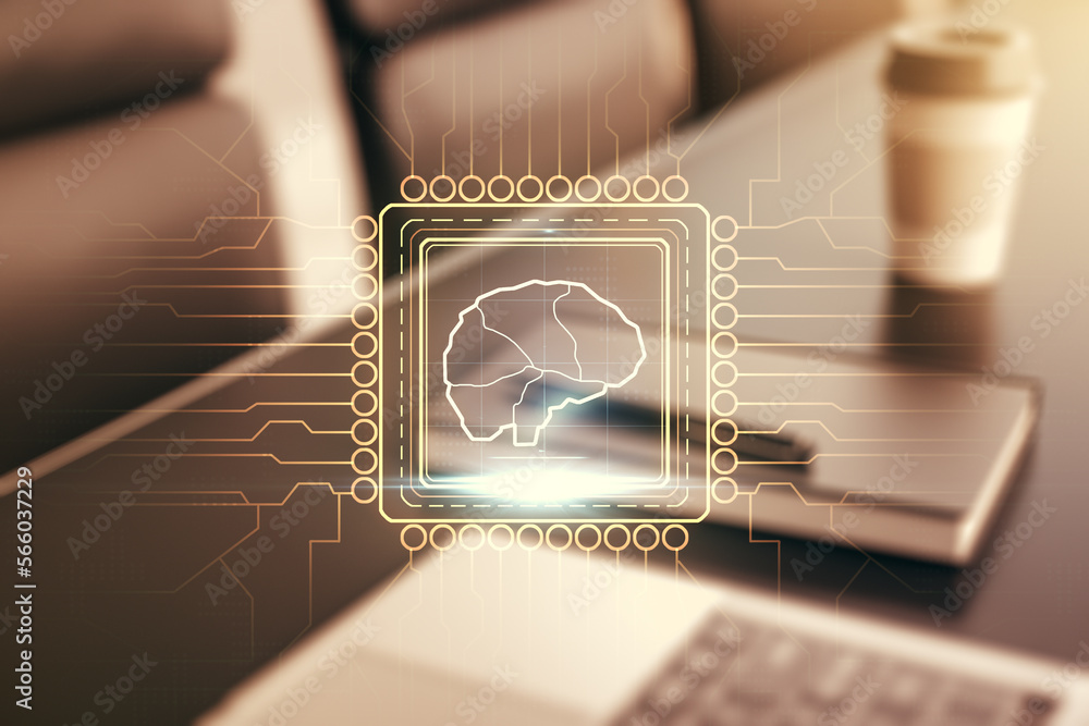 Poster double exposure of creative artificial intelligence symbol with modern laptop on background. neural 