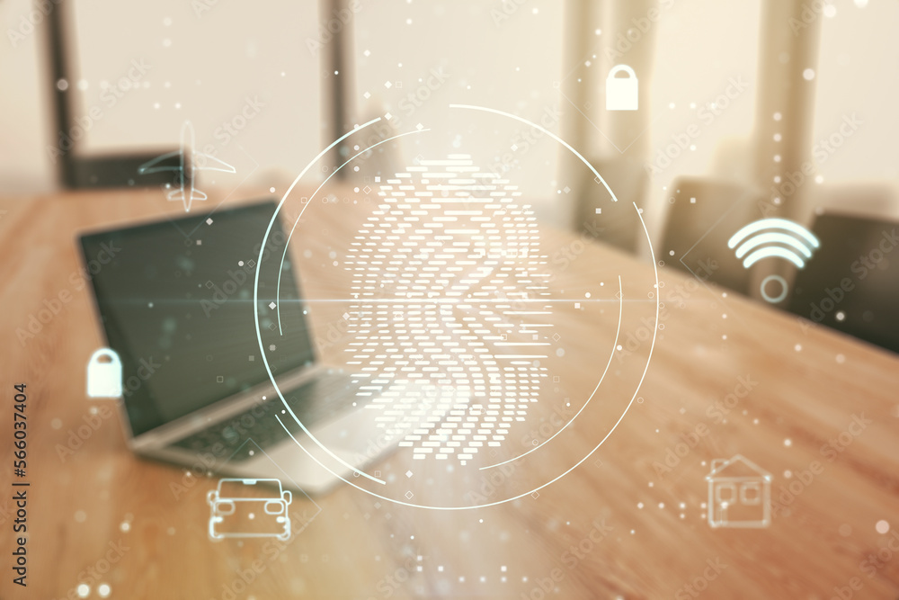 Poster double exposure of abstract creative fingerprint hologram on computer background, protection of pers