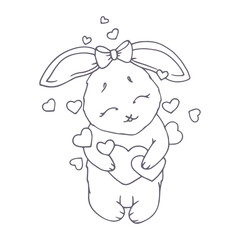 Line sketch, coloring of a cute rabbit catching a heart. Vector graphics.