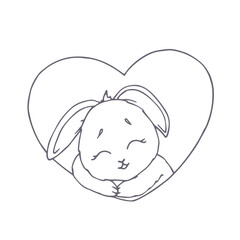Linear sketch, coloring of a cute rabbit peeking out of a heart. Vector graphics.