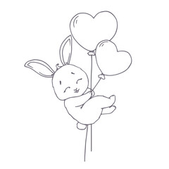 Linear sketch coloring of a cute rabbit flying on heart-shaped balloons.Vector graphics.