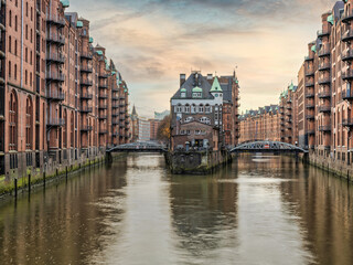 The Warehouse District Speicherstadt during a sunset in Hamburg, Germany