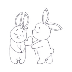 Linear sketch, coloring book of a pair of rabbits in love. Vector graphics.